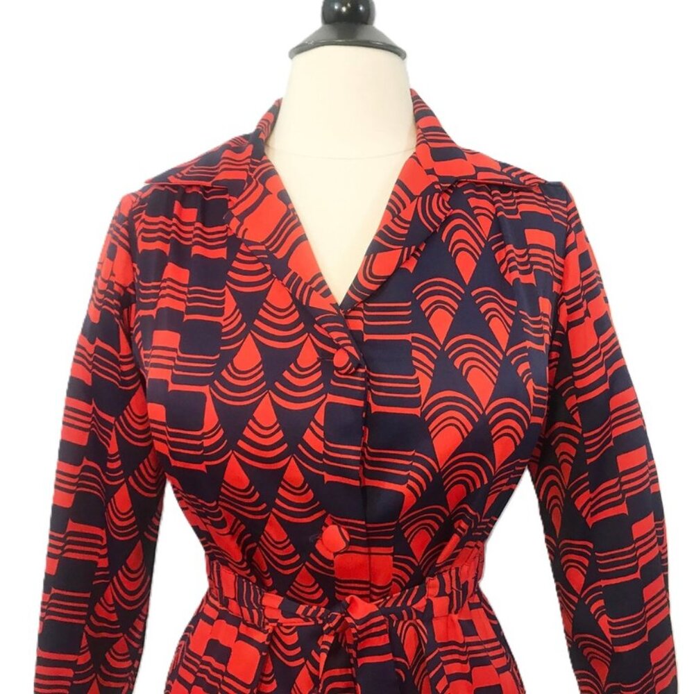 Vintage Lanvin Dress 1970s Op Art Print Red Blue Shirtwaist Psychedelic